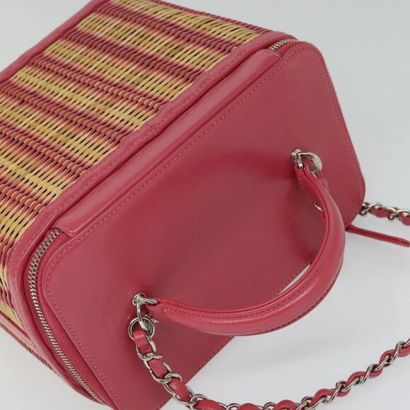 CHANEL Wicker Vanity Chain Shoulder Bag Rattan 2way Pink Silver CC Auth 114200AM - Picture 7 of 16